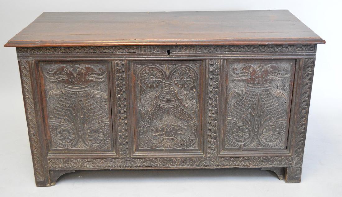 18th c. Carved Colonial oak chest, 27"h x 49"w x 22 (1 of 8)