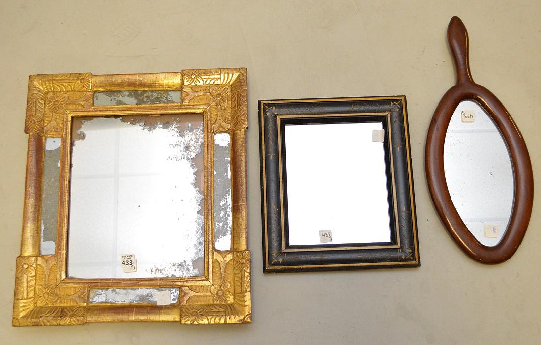 3 ASSORTED ANTIQUE MIRRORS. Early Carved Giltwood: 3 ASSORTED ANTIQUE MIRRORS. Early Carved Giltwood Mirror Ht. 20", Mahogany Hand Mirror Ht. 21", Painted & Gilded Mirror Ht. 13"