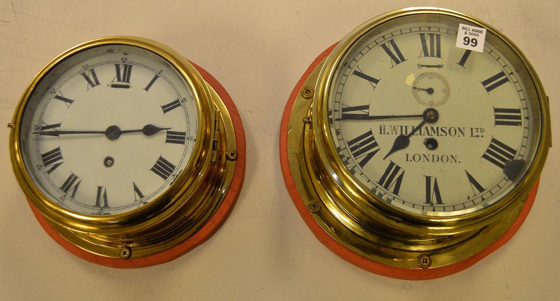 2 Vintage English brass ships bell clocks.  Larger Dia. (1 of 4)