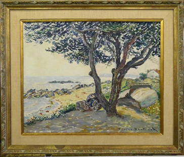 Pierre Philippe Bertrand (FRENCH, 1884–1975) oil on: Pierre Philippe Bertrand (FRENCH, 1884–1975) oil on canvas, Shady Beach Shore Line Scene, titled on reverse Sur le Chemin, canvas 21-1/4 x 25-1/2 inches