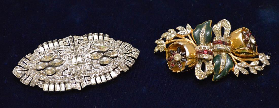 2 Duets, one with rhinestones and one stamped Coro,: 2 Duets, one with rhinestones and one stamped Coro, green enamel leaves and red stone flower petals with rhinestone accent, 2.5" long