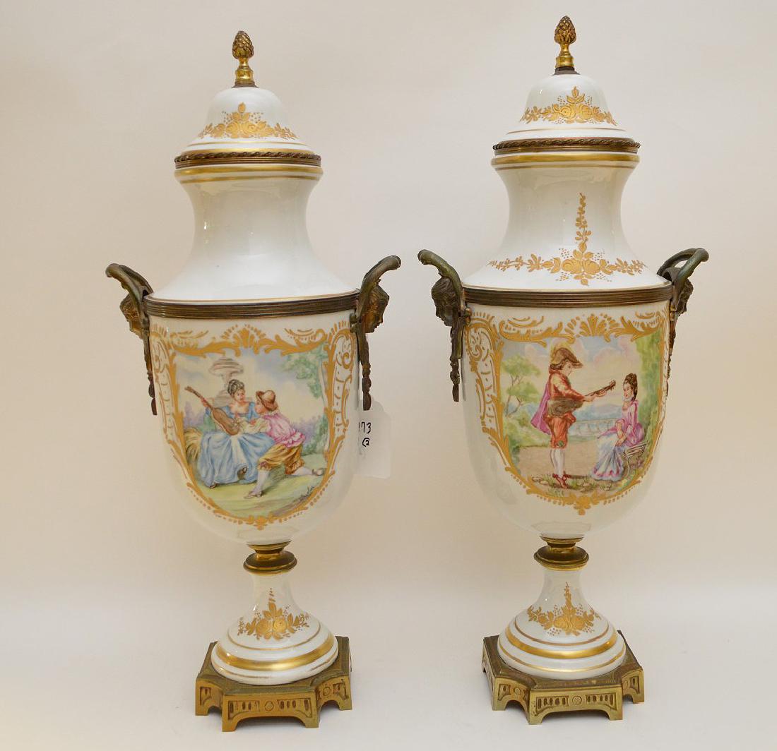 Pair French Sevres style hand painted porcelain urns (1 of 9)