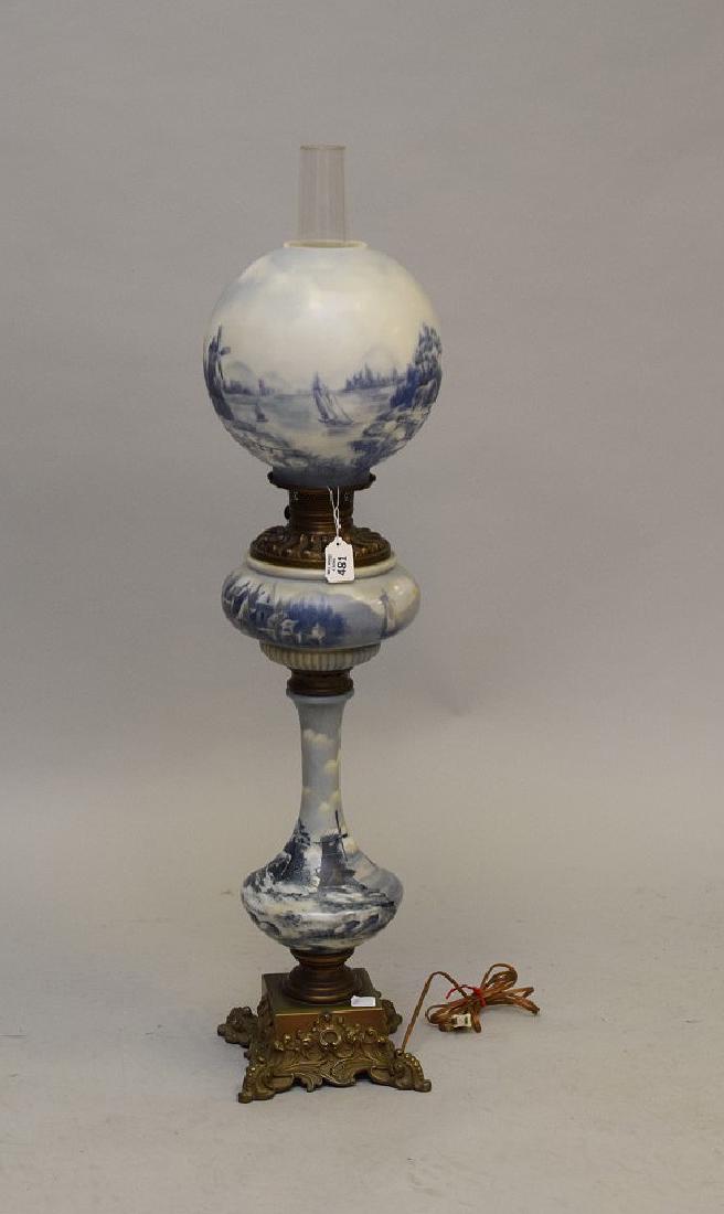 Gone With The Wind Lamp, manner of Delft Blue on a: Gone With The Wind Lamp, manner of Delft Blue on a rococo style base, 38"h