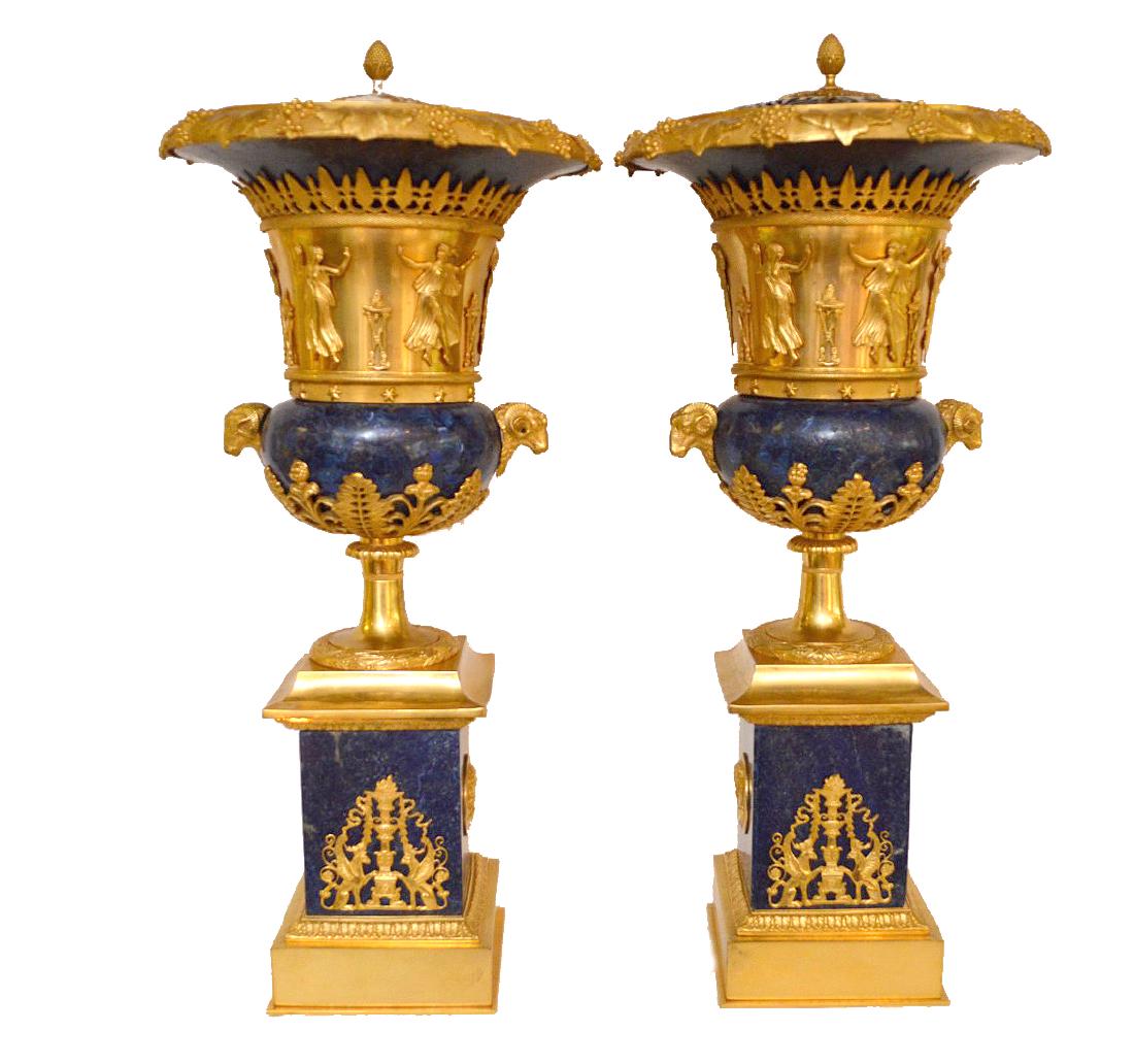 PAIR FRENCH GILT BRONZE & LAPIS URNS with figural rams (1 of 16)