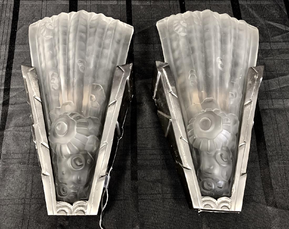 Pair French Silvered Bronze & Frosted Glass Sconces. (1 of 1)