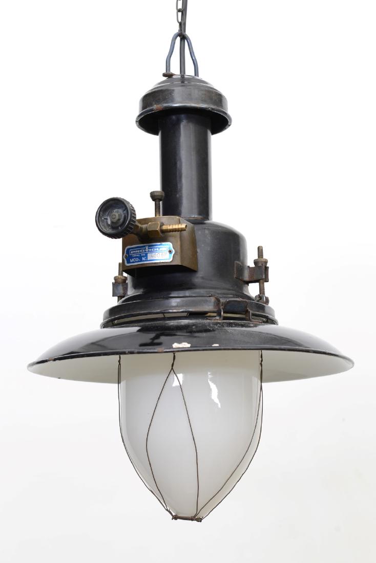 Industrial Gas Pendant Origin: ItalyCirca: 1950: Industrial Gas Pendant Origin: ItalyCirca: 1950 Manufactured by PROVIDUS, Torino, Italy Width: 13" Height: 21"(globe is broken)