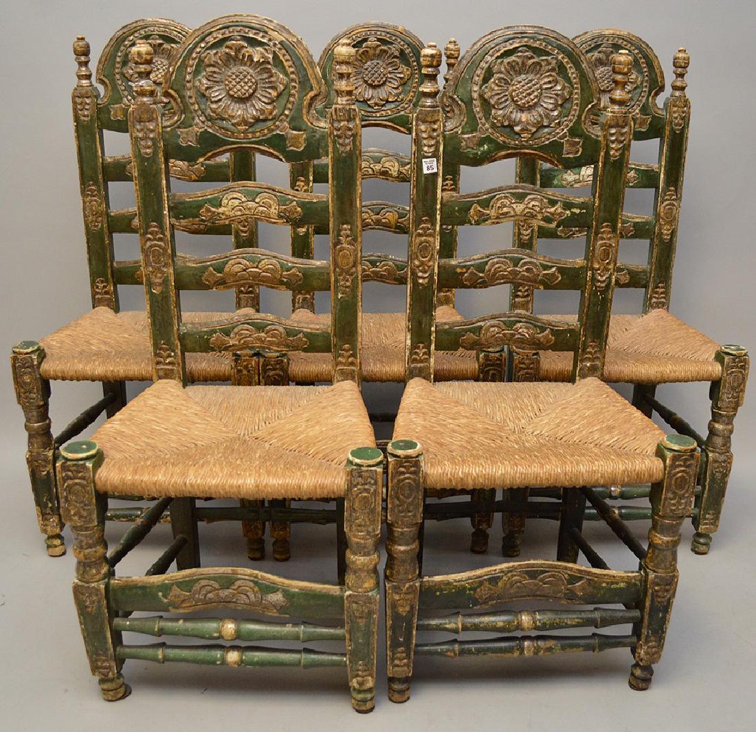Set of Five Rare Spanish Antique Ladderback Sunflower: Set of Five Rare Spanish Antique Ladderback Sunflower Polychromed Chairs