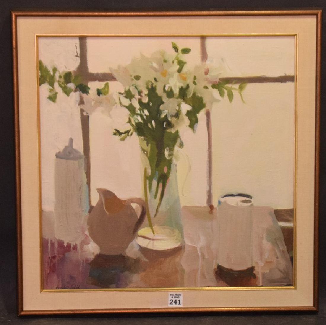 Charles Reid (AMERICAN, 1881–1971) oil on canvas, Still: Charles Reid (AMERICAN, 1881–1971) oil on canvas, Still life Purple flowers, painting 14 x 14 inches overall framed size 17 x 17 inches