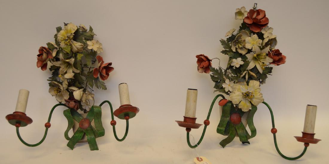 Italian Antique Painted Tole Flower Bouquet Sconce,: Italian Antique Painted Tole Flower Bouquet Sconce, circa 1900, Width: 14" Height: 17.25"
