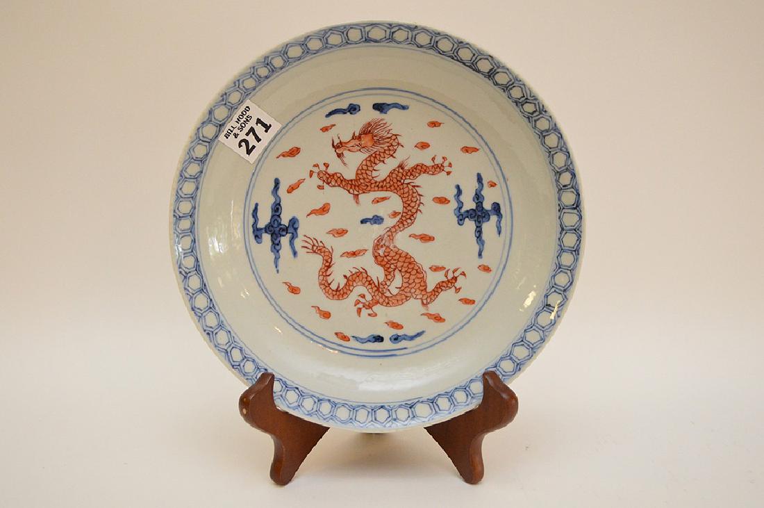 CHINESE BLUE & WHITE PORCELAIN PLATES - with red: CHINESE BLUE & WHITE PORCELAIN PLATES - with red painted dragon central image. Six-character mark on bottom in blue underglaze. Condition: No cracks or chips, some minor rubbing loss to dragon design.