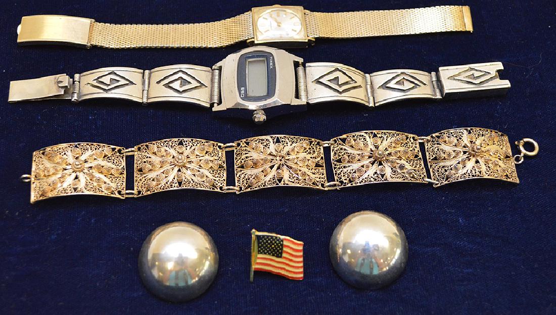 Jewelry lot 2 watches Timex and Longines 10k gold: Jewelry lot 2 watches Timex and Longines 10k gold filled. Sterling gold overlay filigree bracelet and sterling button earring