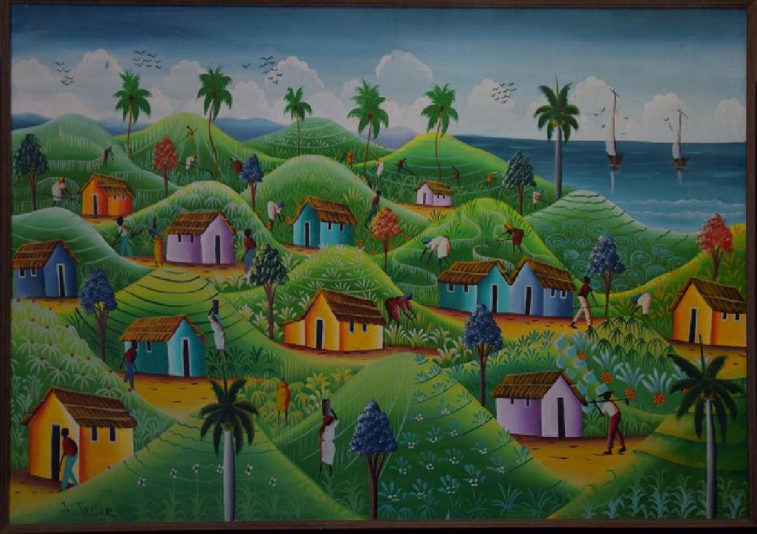 Haitian Landscape Village Scene, oil on canvas: Haitian Landscape Village Scene, oil on canvas painting, signed J. Jeule, canvas 35 x 50 inches