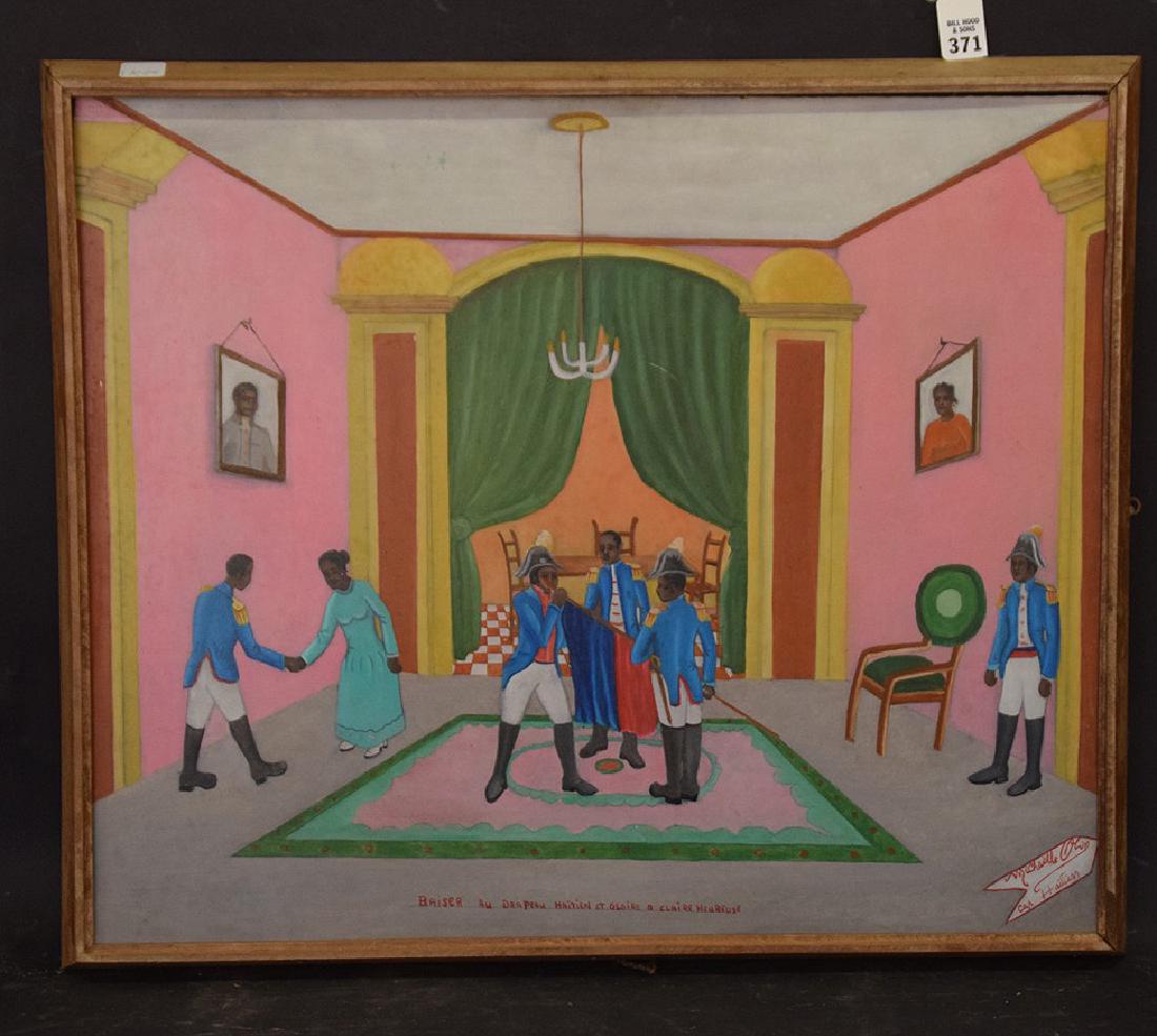 Obin Michaelle (Cap Haitien). Grand-daughter of Philome: Obin Michaelle (Cap Haitien). Grand-daughter of Philome Obin. Titled “Baiser au Drapeau Haitien et Gloire a Claire Heureuse”. Oil on masonite 20 ½” x 22 ¼”. Fully signed and dated verso 8/8/