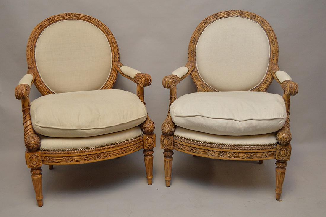 Pair carved & upholstered arm chairs (1 of 4)