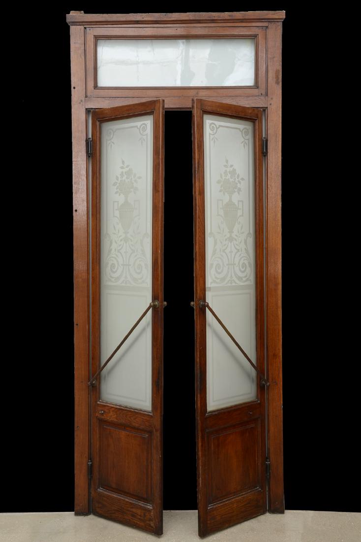 French Antique Etched Glass Oak Bistro Doors. Each door: French Antique Etched Glass Oak Bistro Doors. Each door measures 20 1/2" x 94 1/2" Width: 48" Height: 116.50"