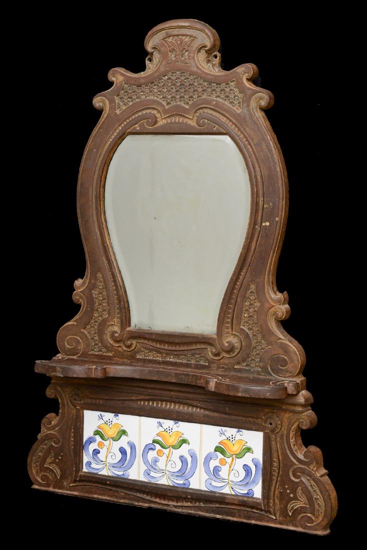 French Antique Cast Iron Mirror with Flower Tiles. (1 of 9)