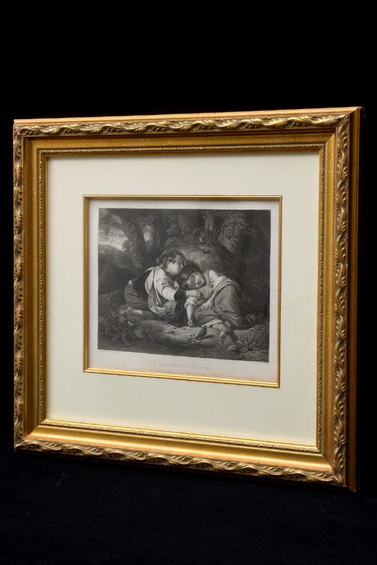 French Engraving, Origin: France, Circa: 1900 "The: French Engraving, Origin: France, Circa: 1900 "The Children in the Wood" Engraving by H. Bourne of Painting by John T. Peele. Measurements include frame, Width: 19.50" ,Height: 18"