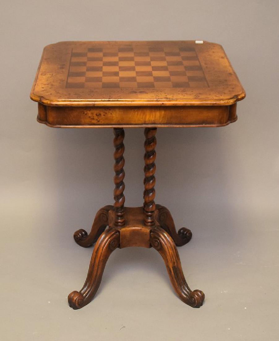 Diminutive burled game table with 4 turned supports on (1 of 7)