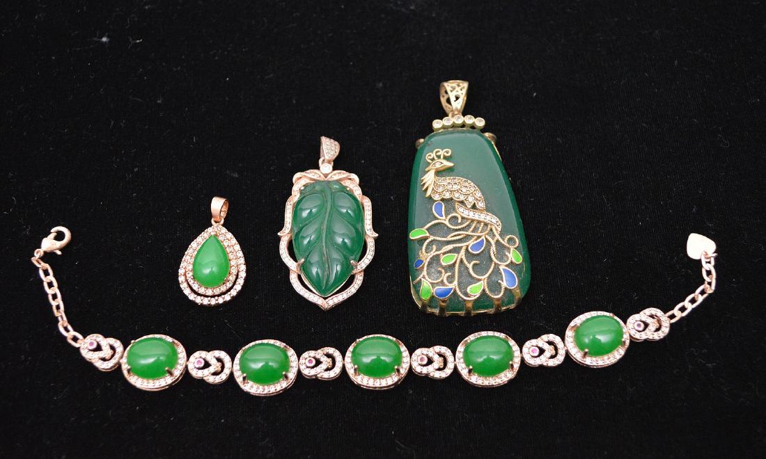 FOUR PCS GREEN JADE & SILVER W/ GOLD WASH JEWELERY - (1 of 3)
