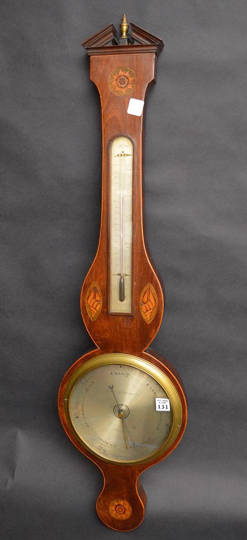 19th c. English mahogany inlay barometer, approx. 38"h, (1 of 9)