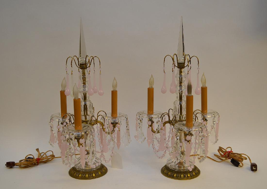 Pair 3 light crystal candelabra with pink glass prisms, (1 of 5)