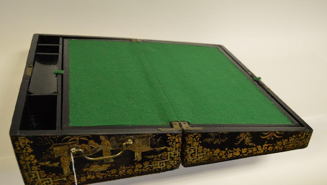 Painted traveling box/desk with chinoiserie design,: Painted traveling box/desk with chinoiserie design, felt surface with divided pen holders, single drawer at bottom side, 6"h x 16 1/2"w x 9 1/2"d
