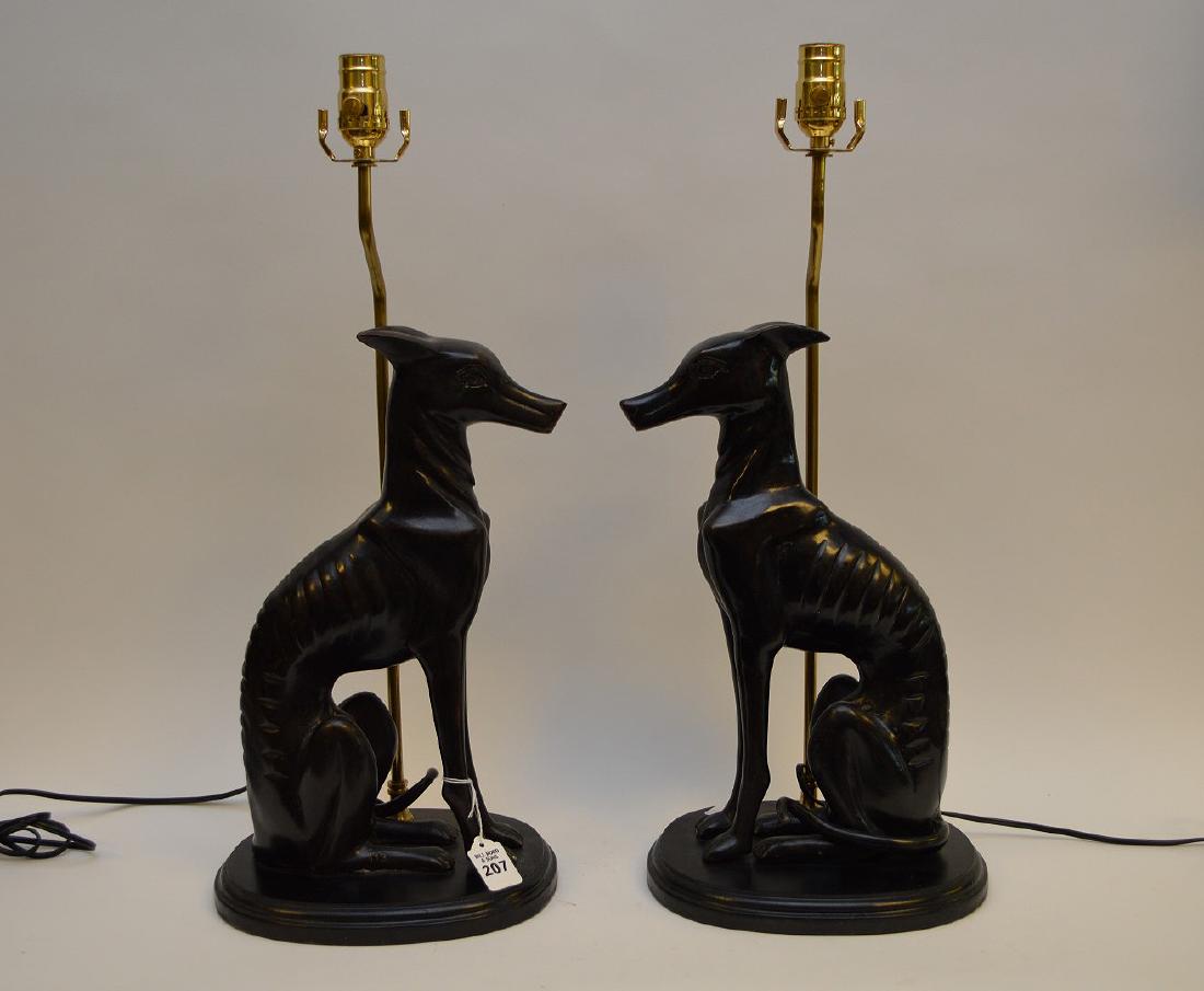 PAIR OF BRONZE WHIPPET LAMPS. Condition; good and (1 of 5)
