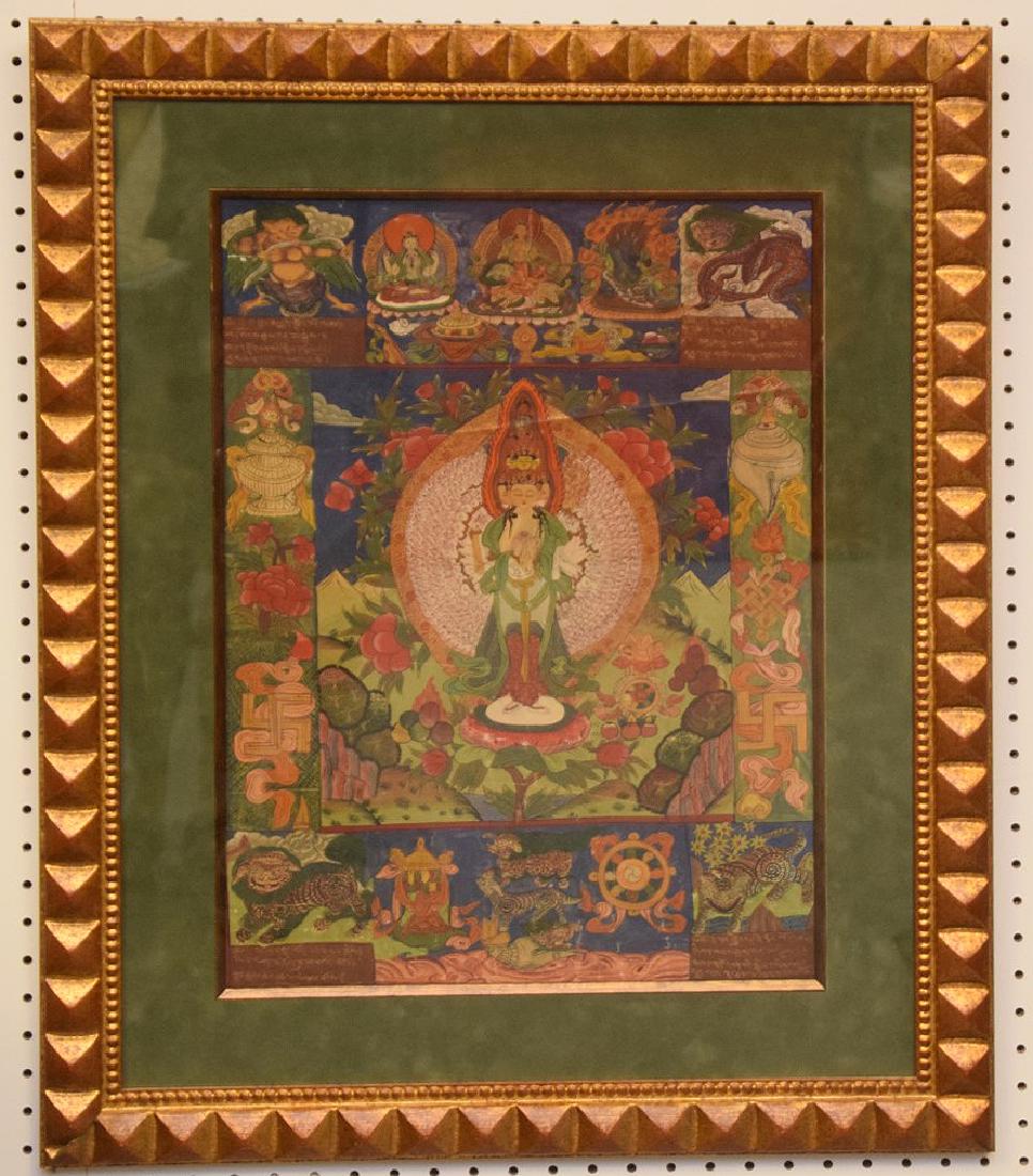 FRAMED TIBETAN THANGKA OF BODHISATTVA AVALOKETISHVARA- (1 of 5)