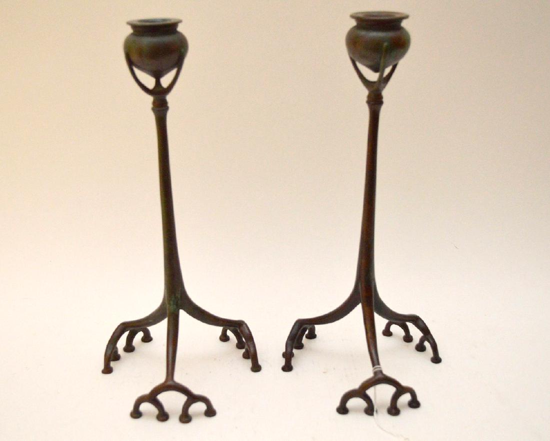 Pair Tiffany Studios Bronze Root Form Candlesticks.: Pair Tiffany Studios Bronze Root Form Candlesticks. Each Marked Tiffany Studios New York 1200 on the bottom. Condition: good with no noticeable damage. Ht. 12 12"