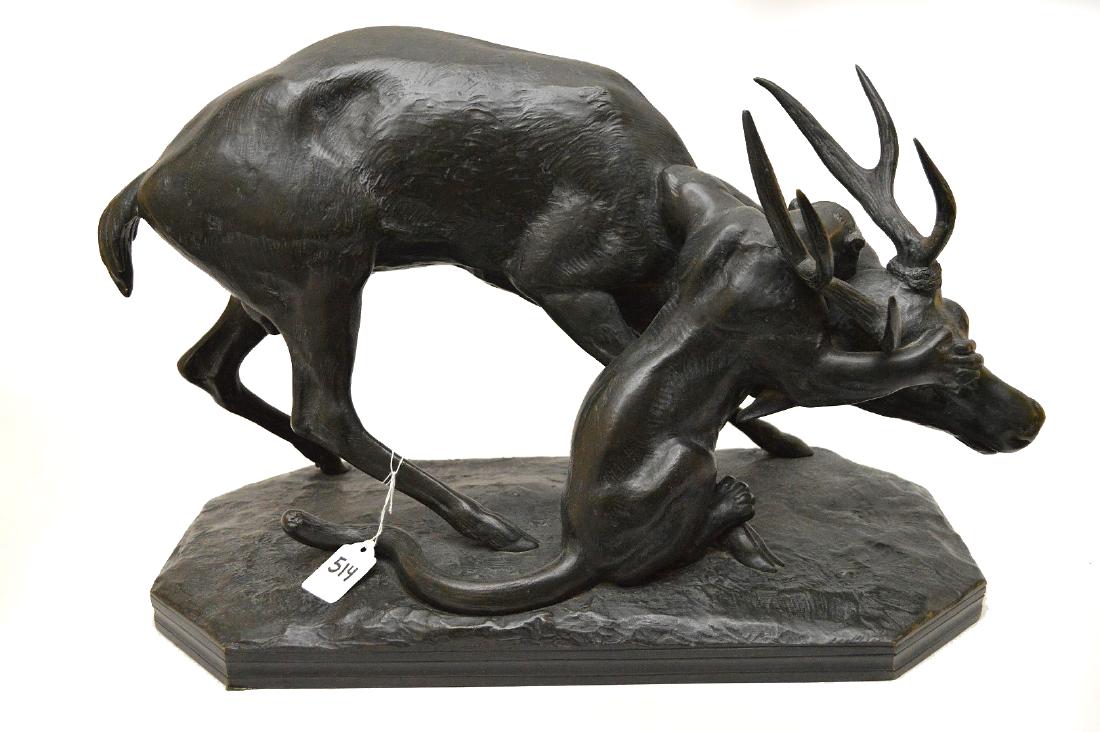 Antoine-Louis Barye French Bronze Panther Seizing a: Antoine-Louis Barye French Bronze Panther Seizing a Stag, depicting a panther on the hunt, on naturalistic elongated octagonal base, signed "BARYE" and with "Susse Freres Editeurs Paris" foundry mark,