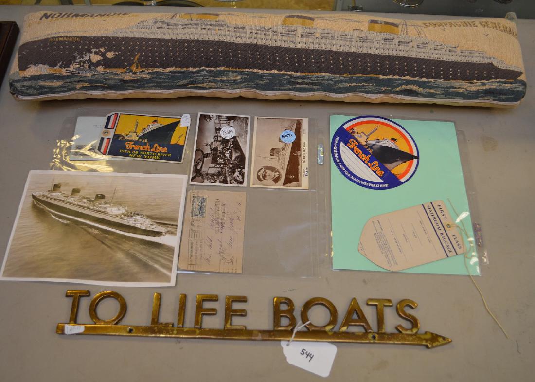 Collection of Normandy Ocean Liner Memorabilia: Collection of Normandy memorabilia; framed luncheon menu (1935), luggage tag, photographs, Titanic picture signed by Celine Dion and more