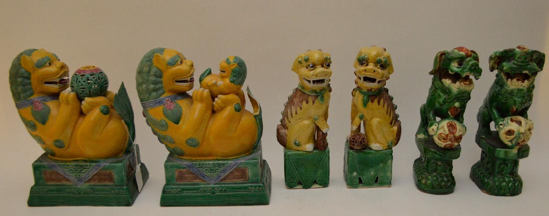 (3) pair Chinese foo dogs; larger pair, 10"h with large: (3) pair Chinese foo dogs; larger pair, 10"h with large chip to tail, green and gold pair, 9 1/2"h