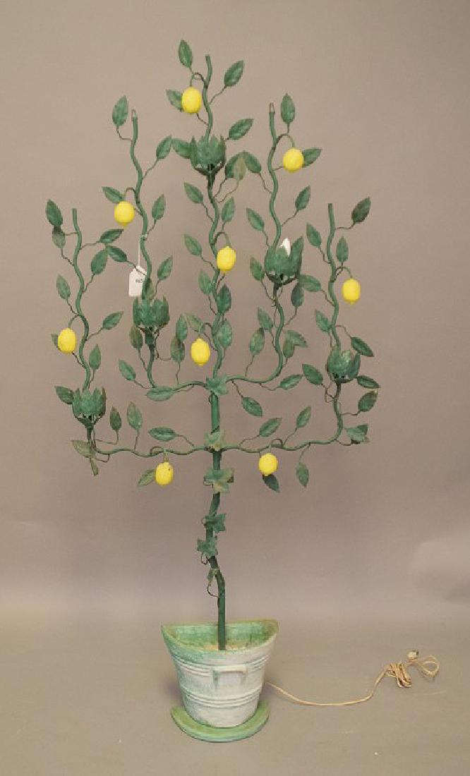 Vintage wall mounted garden lighted lemon tree, lemons: Vintage wall mounted garden lighted lemon tree, lemons are cement with iron leaf branches, half flat sided pot, 67"h x 31"w