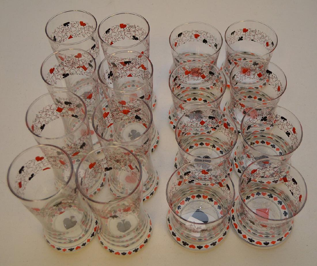16 PCS CARD MOTIFS GLASSES. Condition no apparent chips: 16 PCS CARD MOTIFS GLASSES. Condition no apparent chips or cracks. 8 glasses 65" and 8 glasses 3.5"