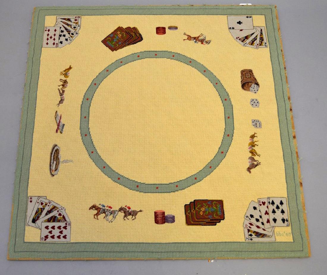 NEEDLE POINT CARD TABLE TOP. Mounted on wood, Condition: NEEDLE POINT CARD TABLE TOP. Mounted on wood, Condition good normal wear. Size 34.5" x 34.5"