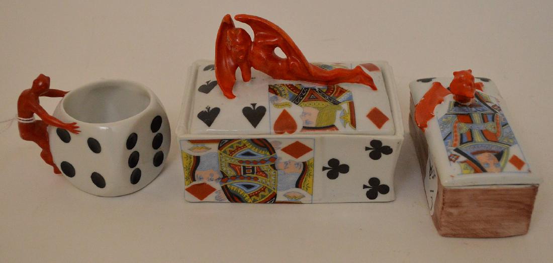 ROYAL BAYREUTH CARD & DEVIL TRINKET BOX AND CUP.: ROYAL BAYREUTH CARD & DEVIL TRINKET BOX AND CUP. Condition good normal wear with a few spots of paint loss. 3.5" x 4" , 2.5" x 3 7/8", 2.25"