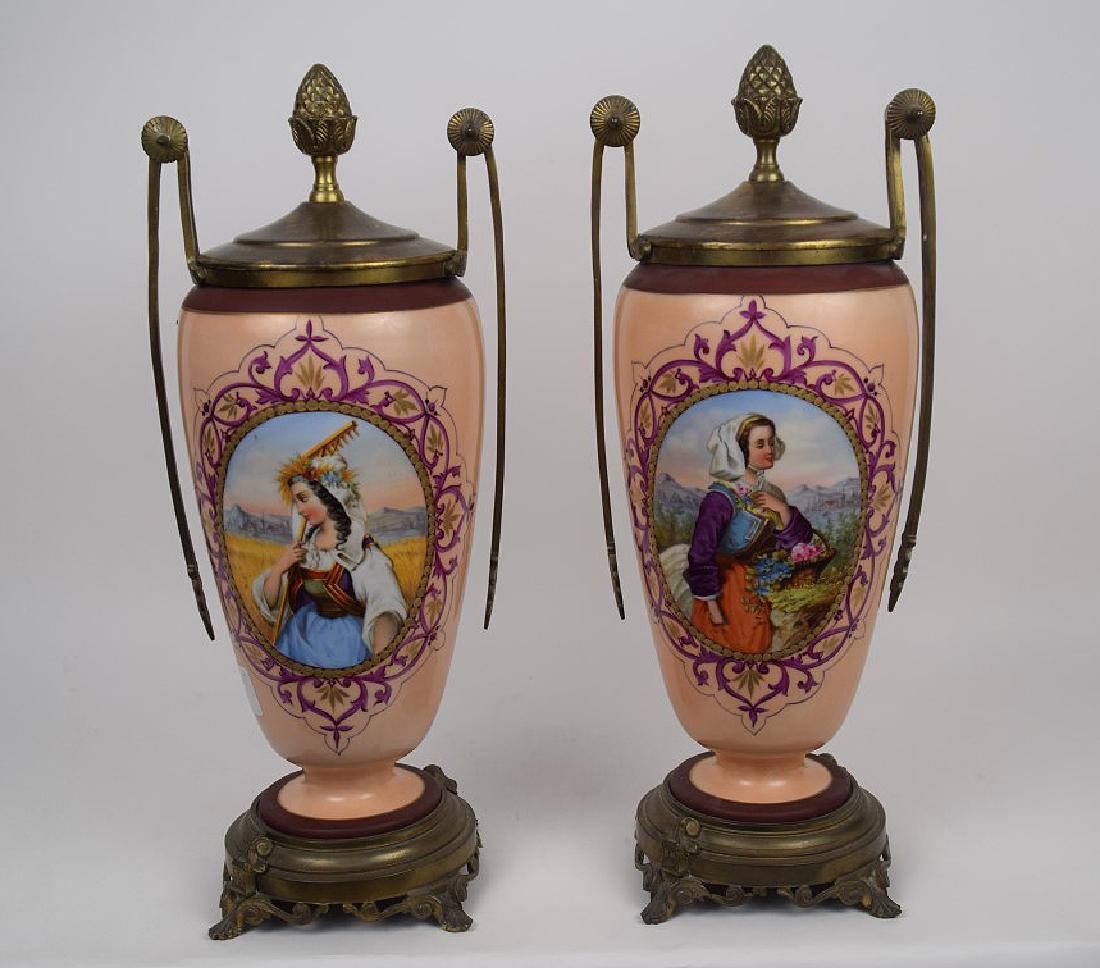 Pair Old Paris Porcelain Bronze Mounted Urns & Covers. (1 of 11)