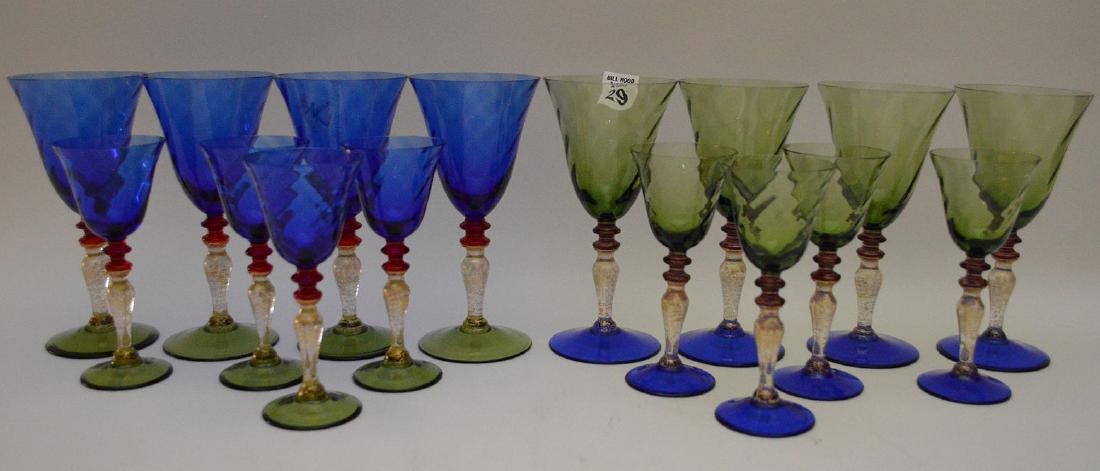 8 Murano colored water goblets (7 1/2"h) and 8 Murano: 8 Murano colored water goblets (7 1/2"h) and 8 Murano matching wine glasses (6"h)