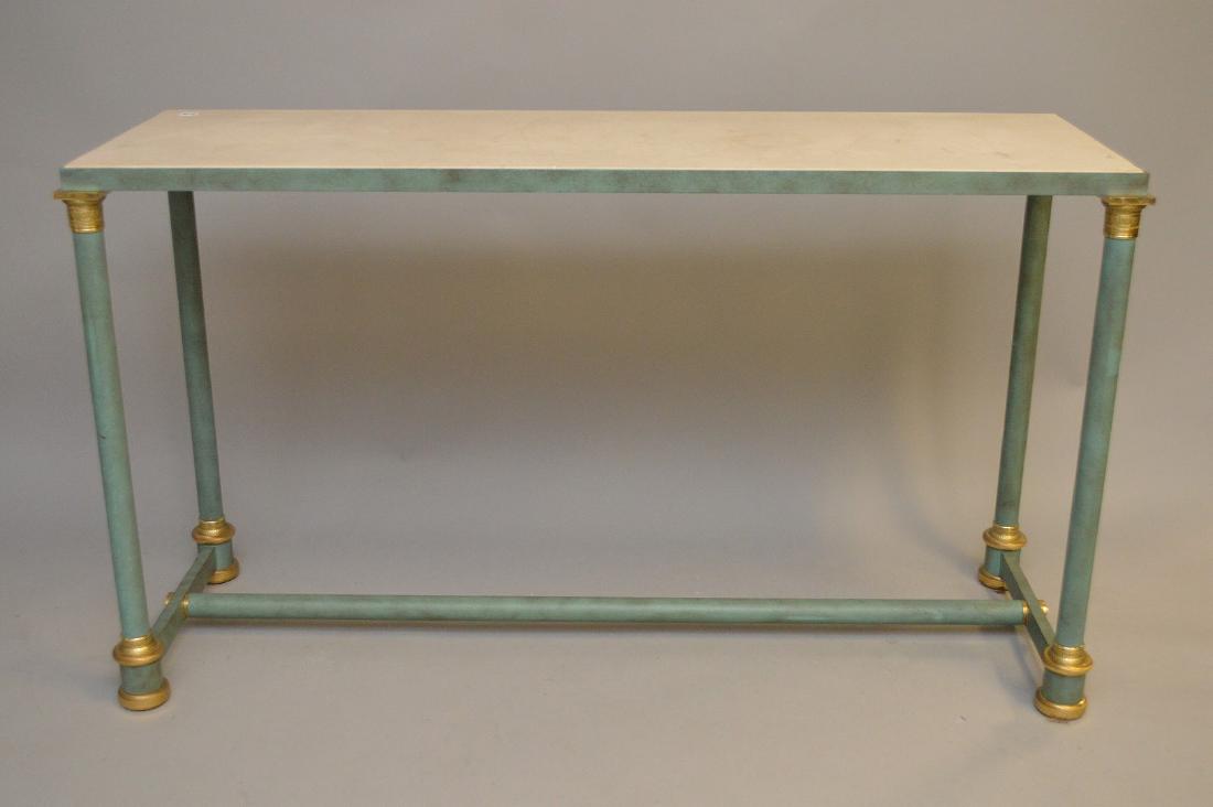 French style modern console, verdigris column legs with: French style modern console, verdigris column legs with gilt metal mounts and travertine top, 32"h x 56"w x 18 1/2"d