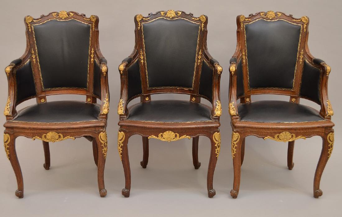 THREE 19th c. French chairs, oak with black leather (1 of 5)