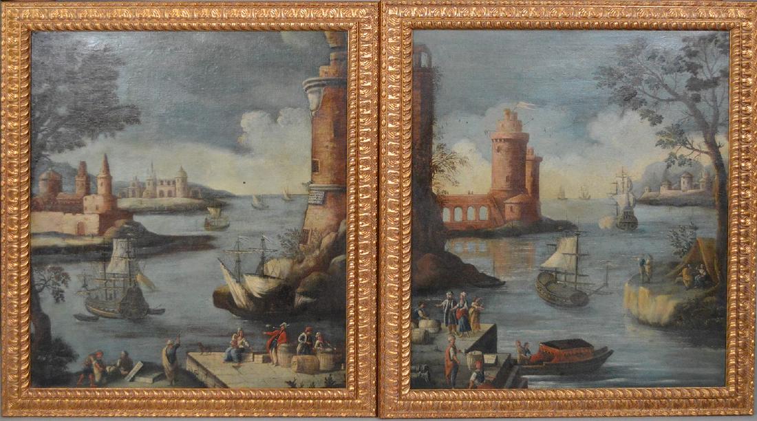 Pair of 18th Century Continental Port Scenes, canvas (1 of 10)