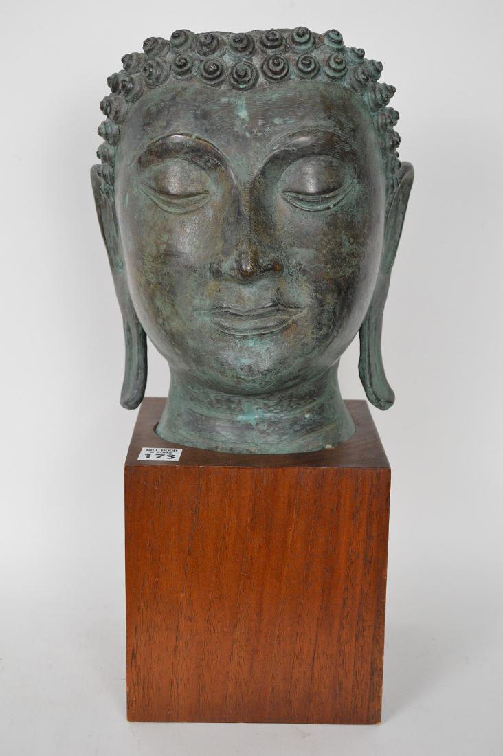 Verdigris Metal Asian Mask Mounted on Wooden Base; 17"H (1 of 8)