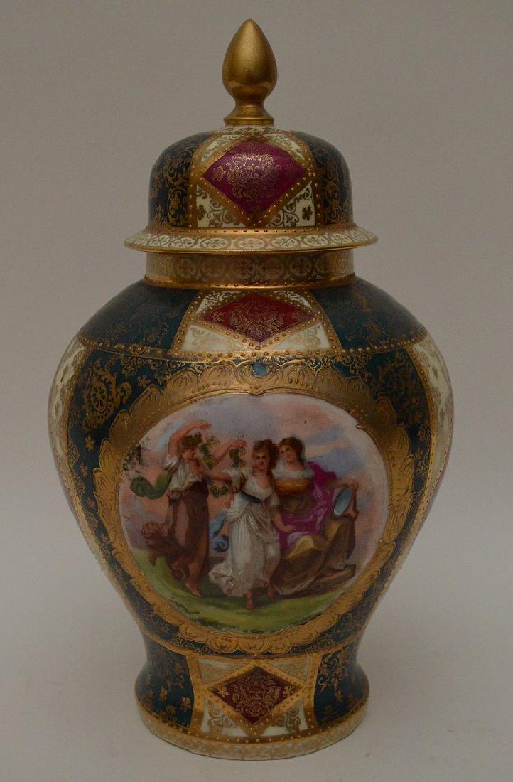 Covered Austrian urn painted girls in panel, gold: Covered Austrian urn painted girls in panel, gold accents, 11"h