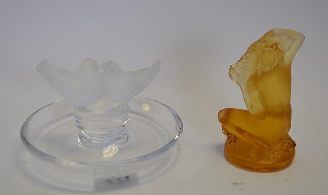 Lalique "Floreal" small amber color kneeling nude: Lalique "Floreal" small amber color kneeling nude female, signed, 3"h AND Lalique dove ring holder