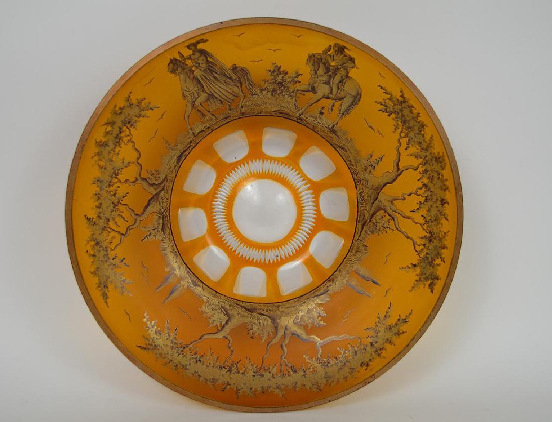 Centerpiece crystal bowl with wide amber color border: Centerpiece crystal bowl with wide amber color border landscape with gold cut to clear bottom of bowl, 3 1/4"h x 12"dia