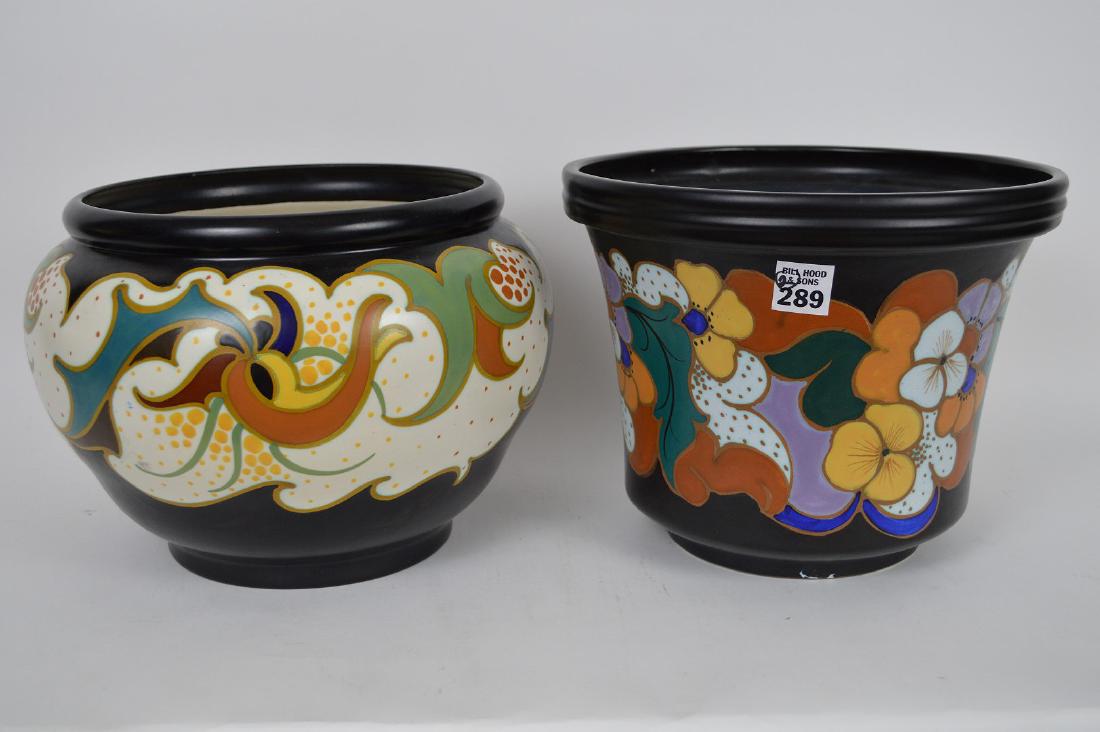 2 Gouda pottery Holland jardinières, (1) bulbous form, (1 of 4)