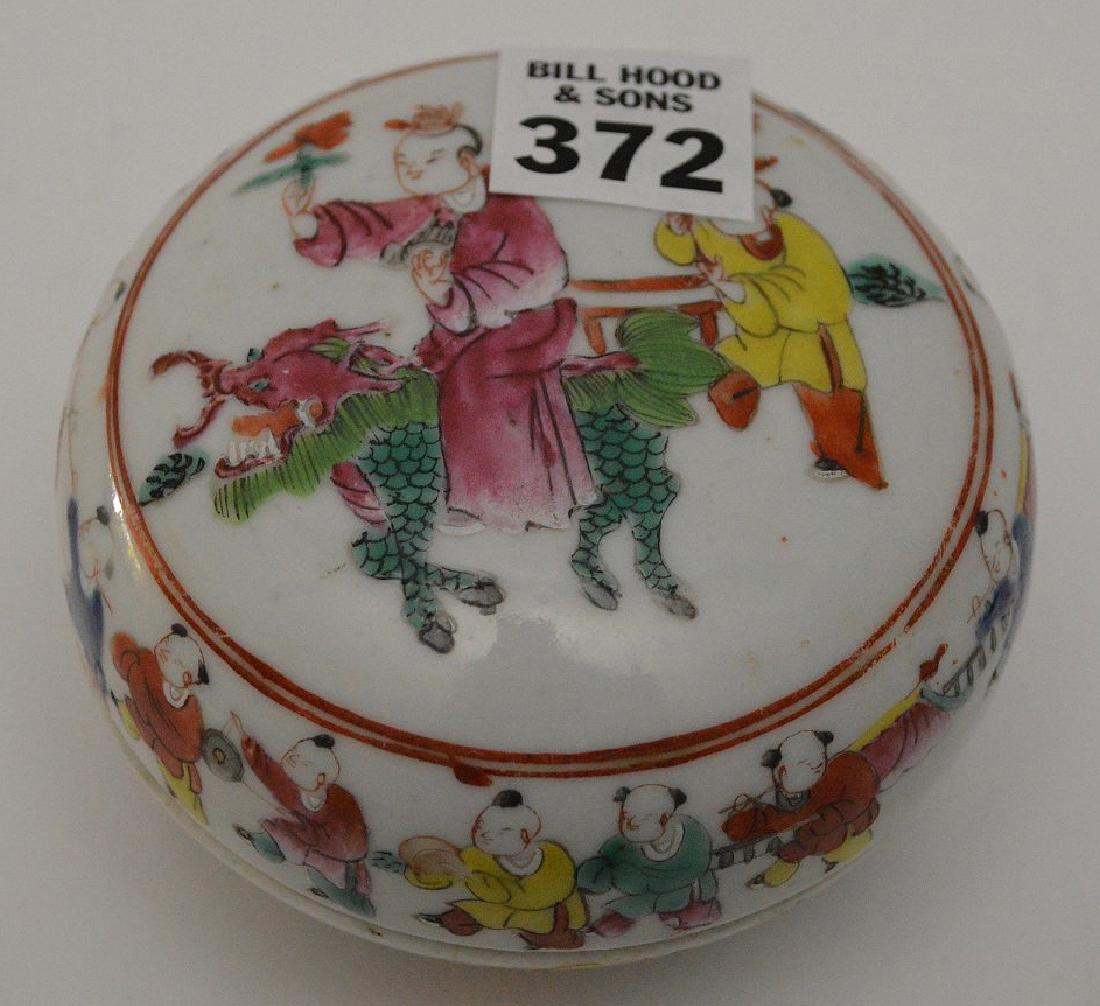 Porcelain round lidded small box, Chinese men & women, (1 of 8)