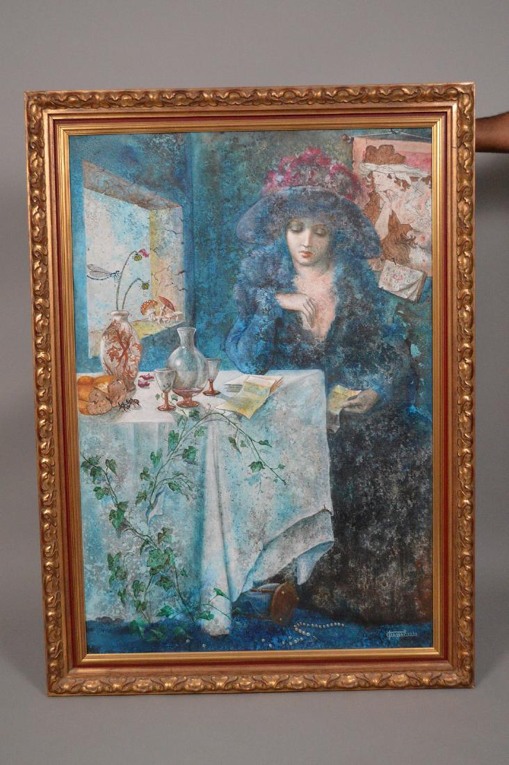 Franco Rosso (Italy 1941-2016) oil on canvas, girl at: Franco Rosso (Italy 1941-2016) oil on canvas, girl at table, 1977, titled on verso EL QUE SE FUE, canvas size 47 x 32 inches