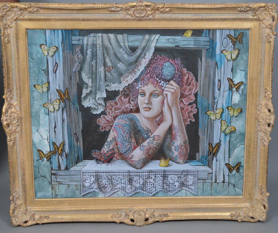 Franco Rosso (Italy 1941-2016) oil on canvas, girl w/: Franco Rosso (Italy 1941-2016) oil on canvas, girl w/ dragon Tattoo, 1997, titled on verso IL POSTO DELLE FARFALLE, 31-1/2 x 39 inches
