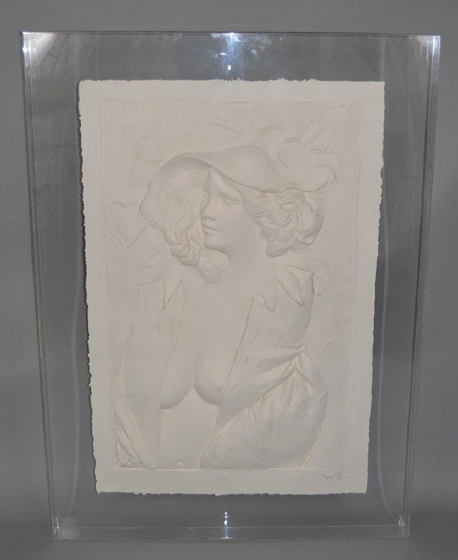 Frank Gallo (American born 1933) Cast Paper Relief,: Frank Gallo (American born 1933) Cast Paper Relief, Lady w/ hat, in Plexiglas shadowbox frame